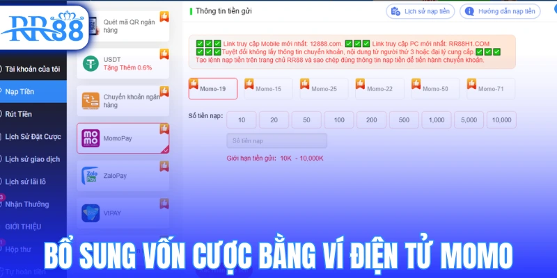 Bổ sung vốn cược bằng ví điện tử Momo