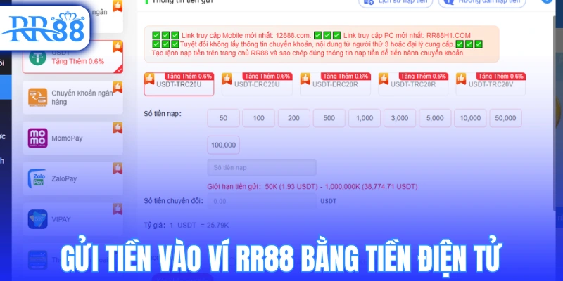 Gửi tiền vào ví RR88 bằng tiền điện tử